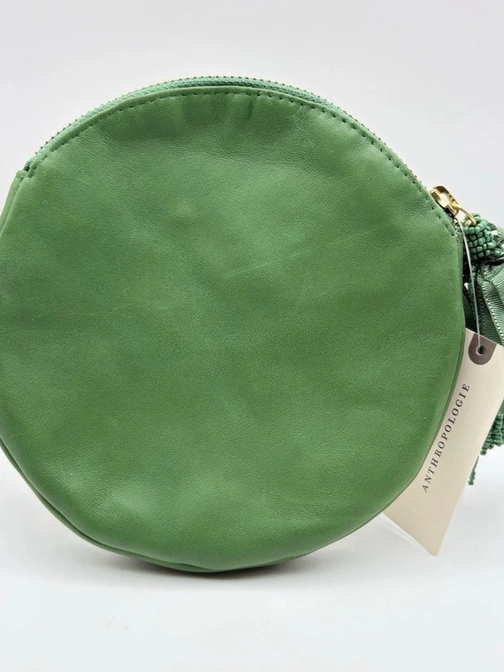 Anthropologie Green Round Embellished Wristlet with Floral Appliqué
